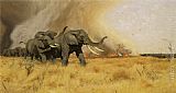 Elephants Canvas Paintings - Elephants Moving Before a Veldt Fire